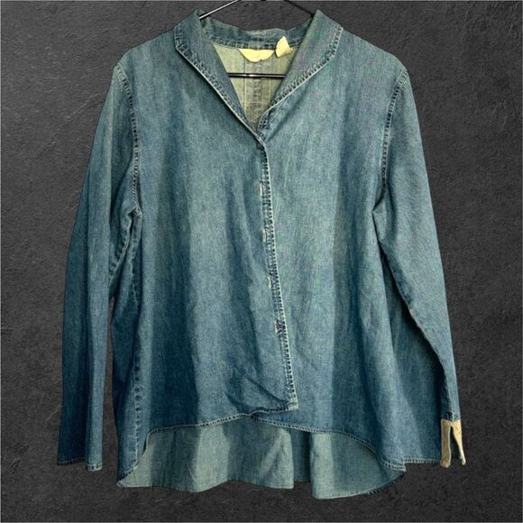 J. Jill 100% cotton crochet patchwork button front lace top sz L boho denim cott - Picture 2 of 7